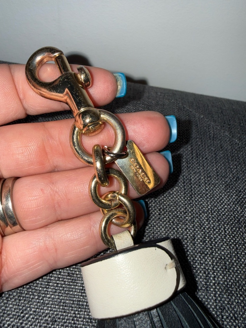 Coach Leather Tassel Bag Charm Black/Cream with Gold Hardware - Picture 2 of 6